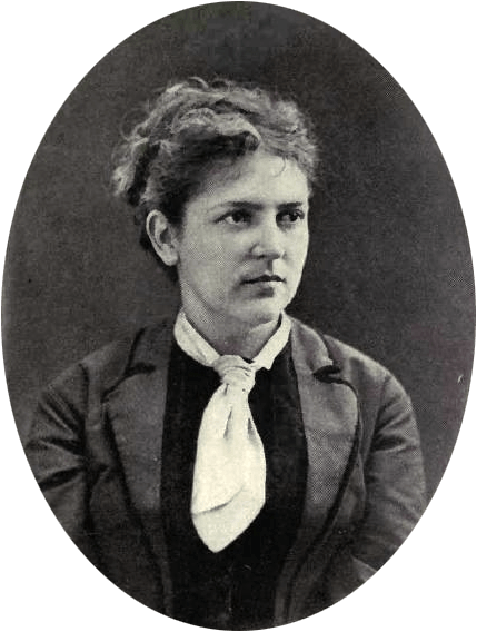 Oval-framed black and white portrait of a woman with wavy hair pulled back, wearing a dark jacket over a light blouse with a large white scarf tied at the neck, looking slightly to her left with a serious expression.