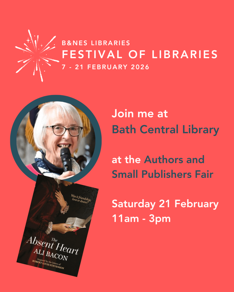 Image shows poster on a red background  for B&NES libraires event on Saturday February 21st from 11am to 3pm. Poster also contains a circular image of author Ali Bacon and an image of the cover of her book The Absent Heart
