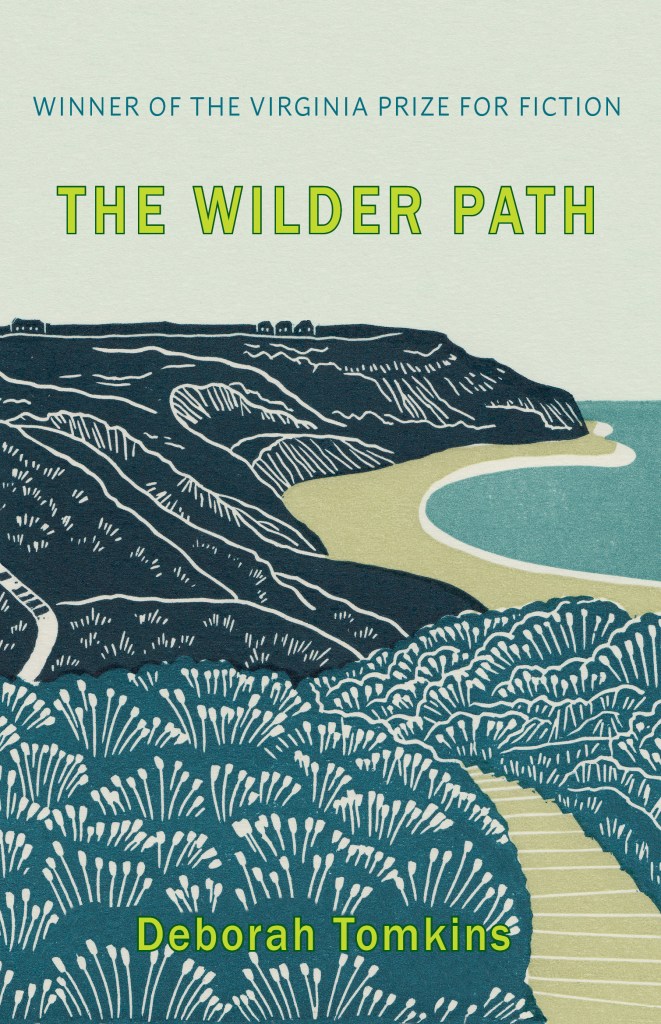 Image shows cover of The Wilder Path, a blue/green coastal landscape in the style of a woodcut